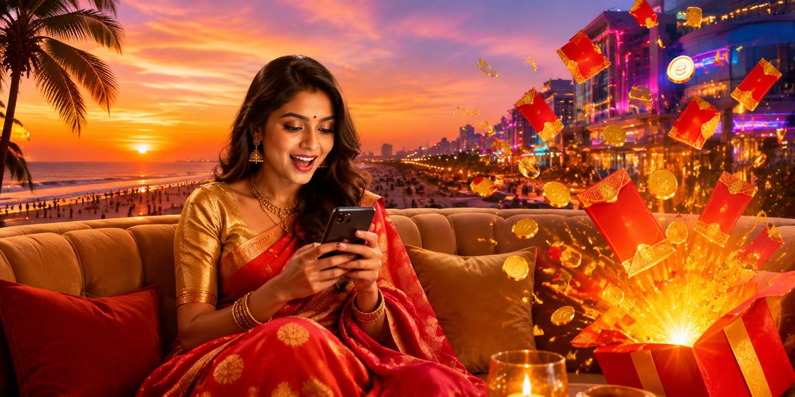 Woman holding red envelope with casino bonus in Chennai outdoor setting