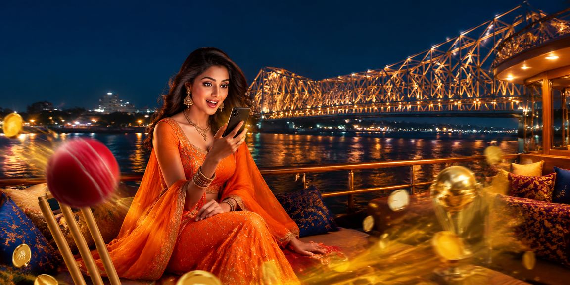 Evening cityscape of Kolkata's Howrah Bridge with cricket betting theme